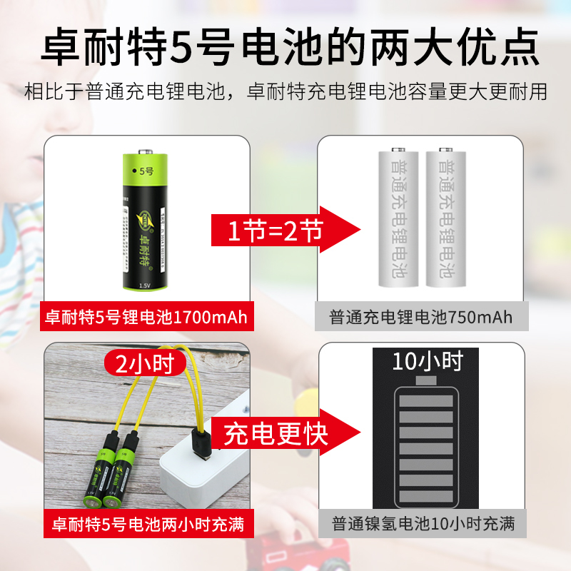 卓耐特 5号USB可充电电池4节装1700mAh1.5V五号大容量AA玩具锂电池