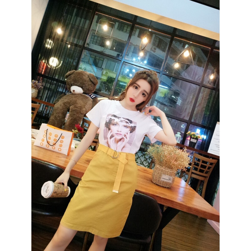 时尚套装女夏2018新款圆领显瘦美女头像百搭T恤+休闲修身半身裙潮
