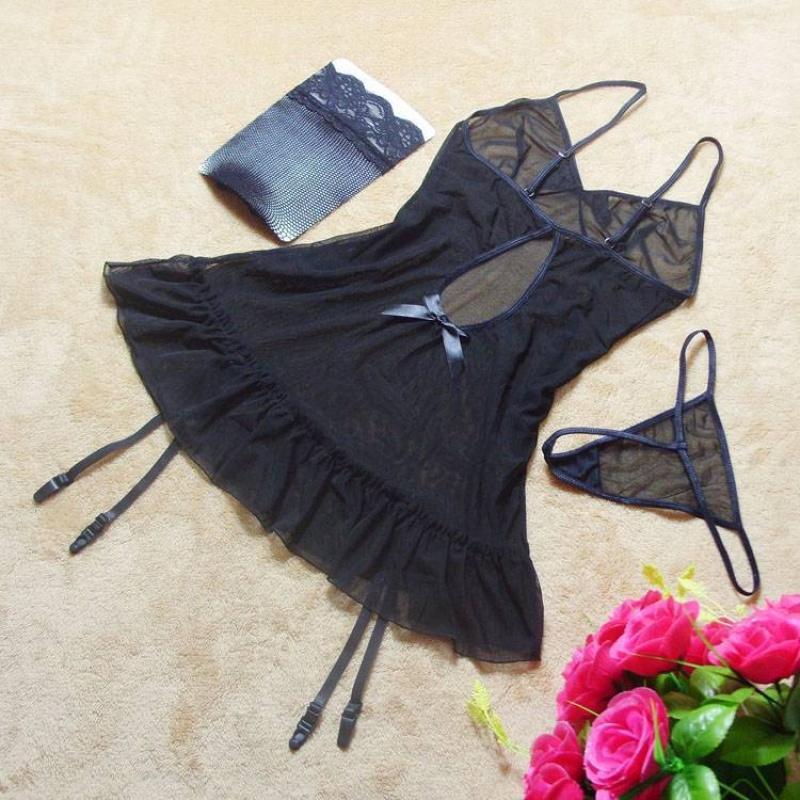 1件火辣女士黑色内衣薄纱透明短裙丁字裤袜子袜带4830