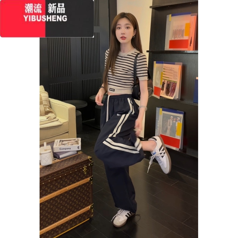 YIBUSHENG美式复古侧边条纹休闲裤女季直筒卫裤宽松显瘦阔腿运动速干裤子高清大图