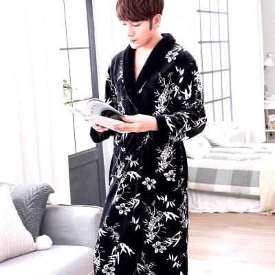 056黑底白花-男款 M 法兰绒睡袍男秋冬季加厚加绒珊瑚绒浴袍女睡衣大码浴衣长款家居服
