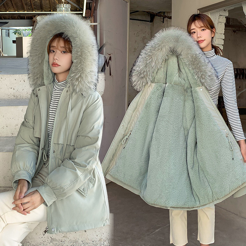 小个子大毛领派克服中长款冬装新款韩版收腰港风加绒工装棉衣外套