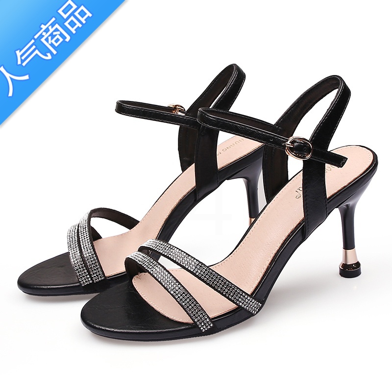 SUNTEK高跟凉鞋女2023年新款春夏季细跟一字带中跟水钻时装百搭女鞋高清大图