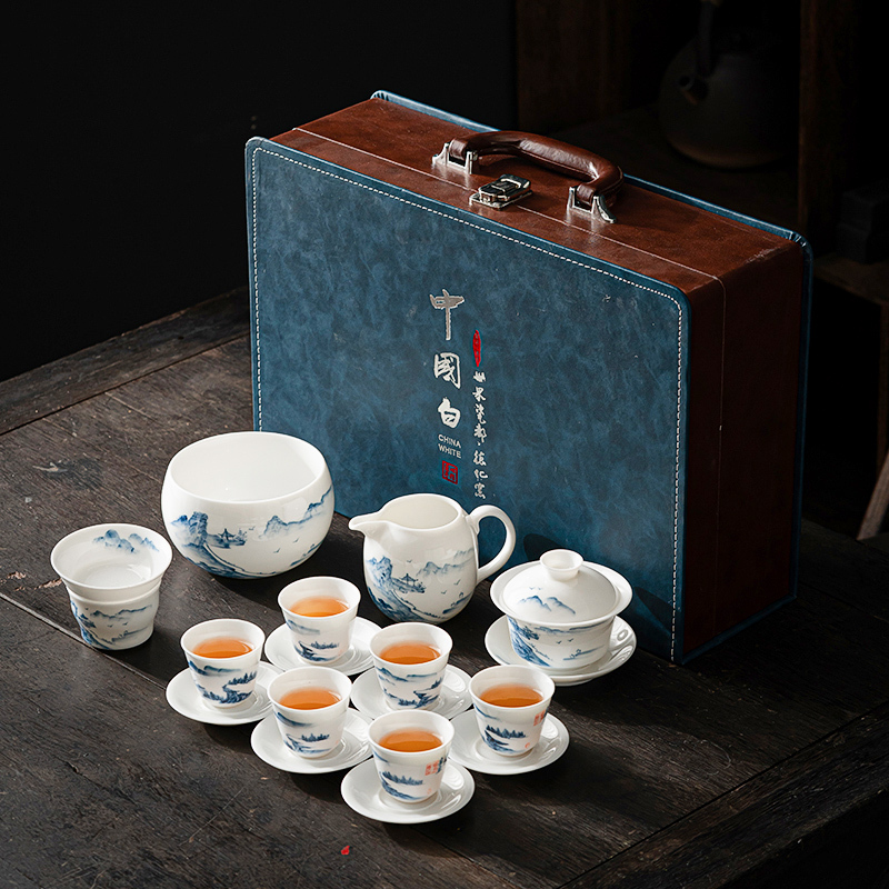 苏氏陶瓷(SUSHI CERAMICS)手绘羊脂玉茶具省级陶瓷艺术大师陈建瑞手工山水画三才盖碗礼盒装