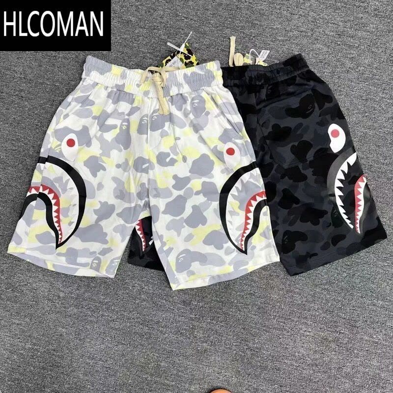 HLCOMAN日系潮牌鲨鱼印花休闲短裤男女情侣宽松运动迷彩五分裤夏季学生款图片