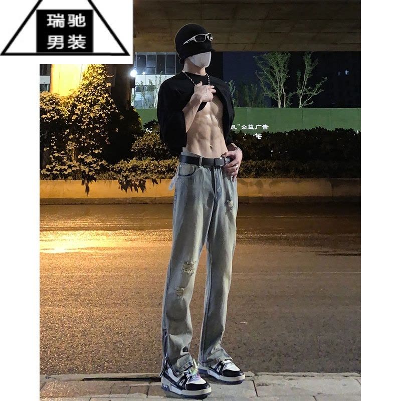 希杰狮王高街黄泥色牛仔裤男款夏季破洞复古直筒裤子美式潮牌薄款微喇裤图片