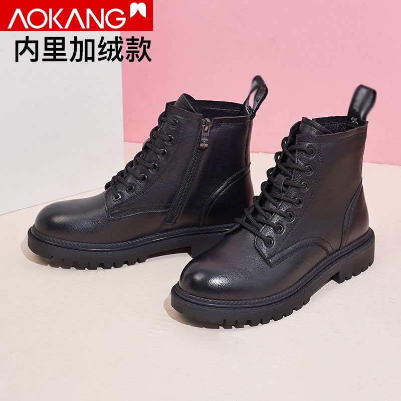 奥康女鞋厚底马丁靴女英伦风短靴休闲百搭皮靴牛皮女靴子图片