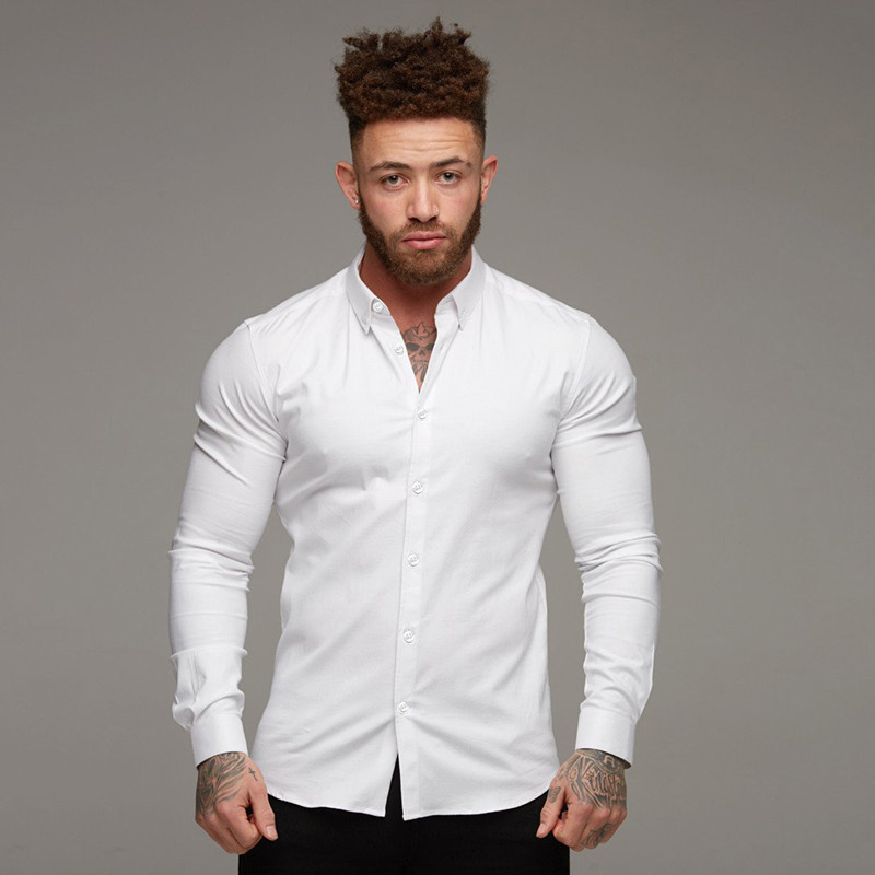 肌肉男健身衬衫男士跑步运动修身寸衫高弹力商务休闲免烫长袖衬衣衬衫