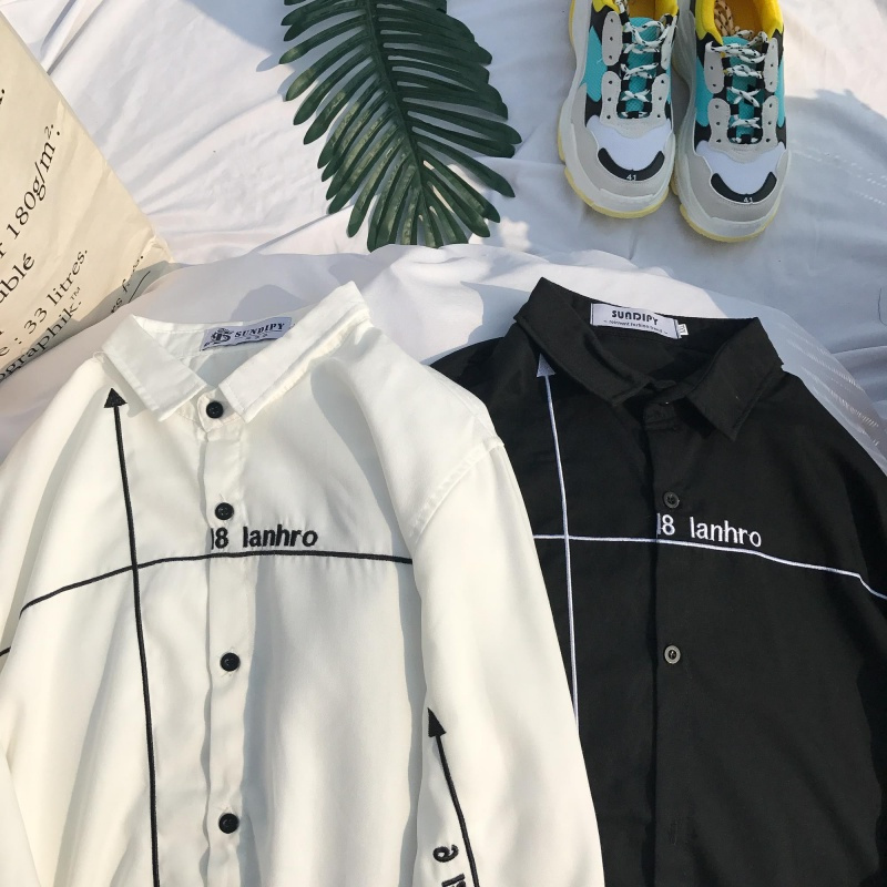 2018夏季年轻港风七分袖衬衫衬衫男装短袖寸衫潮牌青少年印花衬衣
