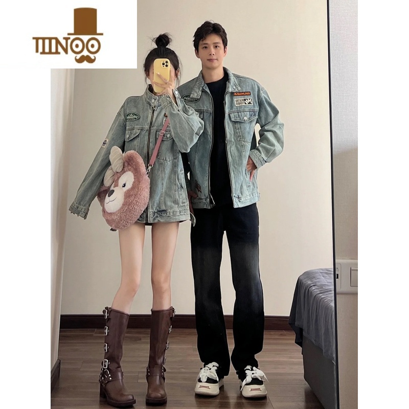 YANXU美式水洗复古牛仔外套男2023秋季新款宽松立领潮牌情侣机车服夹克