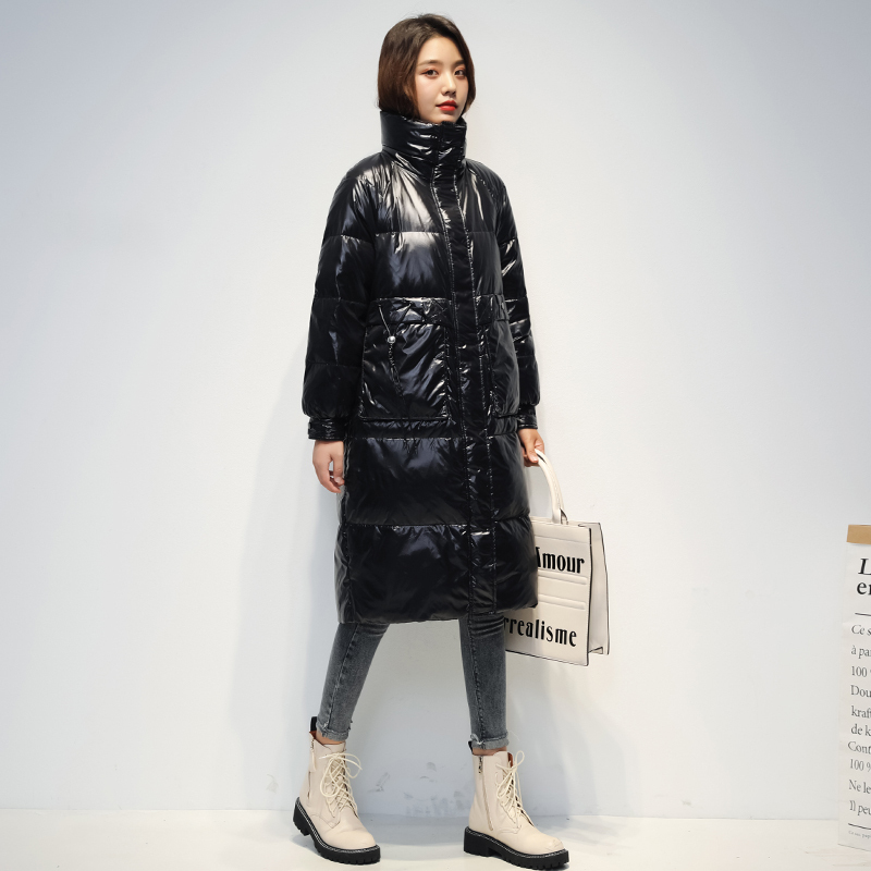 雅鹿羽绒服2020新款冬季韩版亮面翻领中长款过膝修身防寒厚外套DS