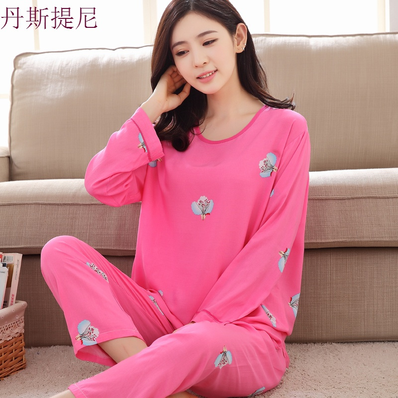 睡衣女夏季棉绸长袖薄款春秋家居服套装可爱绵绸人造棉宽松空服