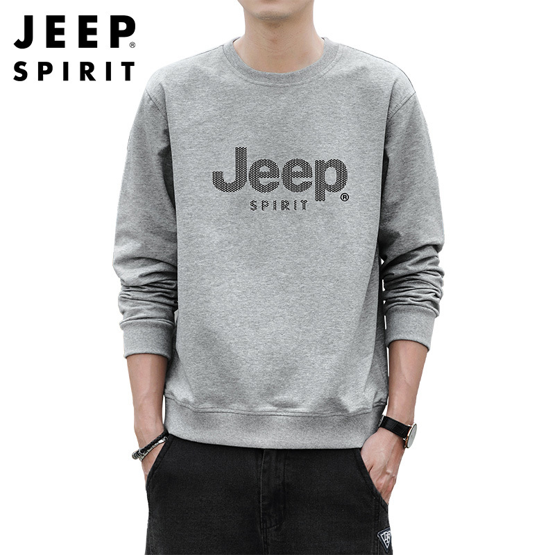 JEEP SPIRIT吉普新款秋冬男士卫衣时尚字母圆领套头衫纯棉微弹男士体恤衫灰色外套
