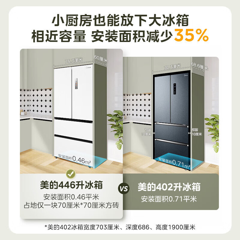 [官方正品]美的超薄法式四开门多门冰箱446升超薄双开嵌入式白色家用60厘米电冰箱无霜一级双变频MR-468WUFPZE