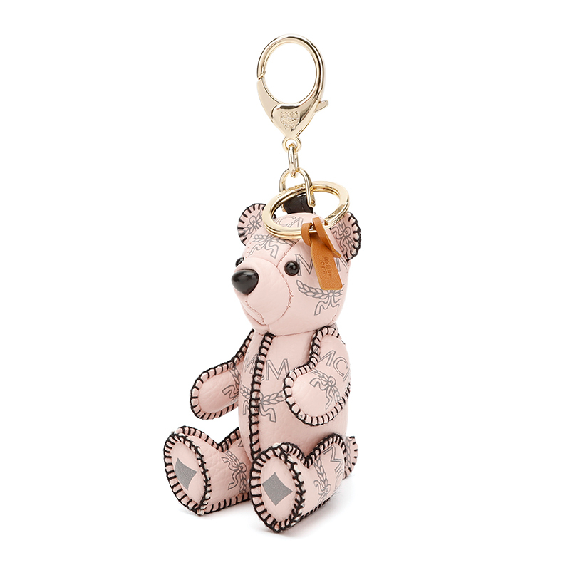 mcm奢侈品女士粉色人造革月桂叶印花小熊背包挂件钥匙扣mxzaaxl01qh