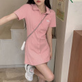 纯欲风韩系Polo领连衣裙女装夏季新款设计感收腰a字T恤裙短裙 M 粉色