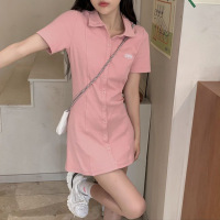 纯欲风韩系Polo领连衣裙女装夏季新款设计感收腰a字T恤裙短裙 XL 粉色