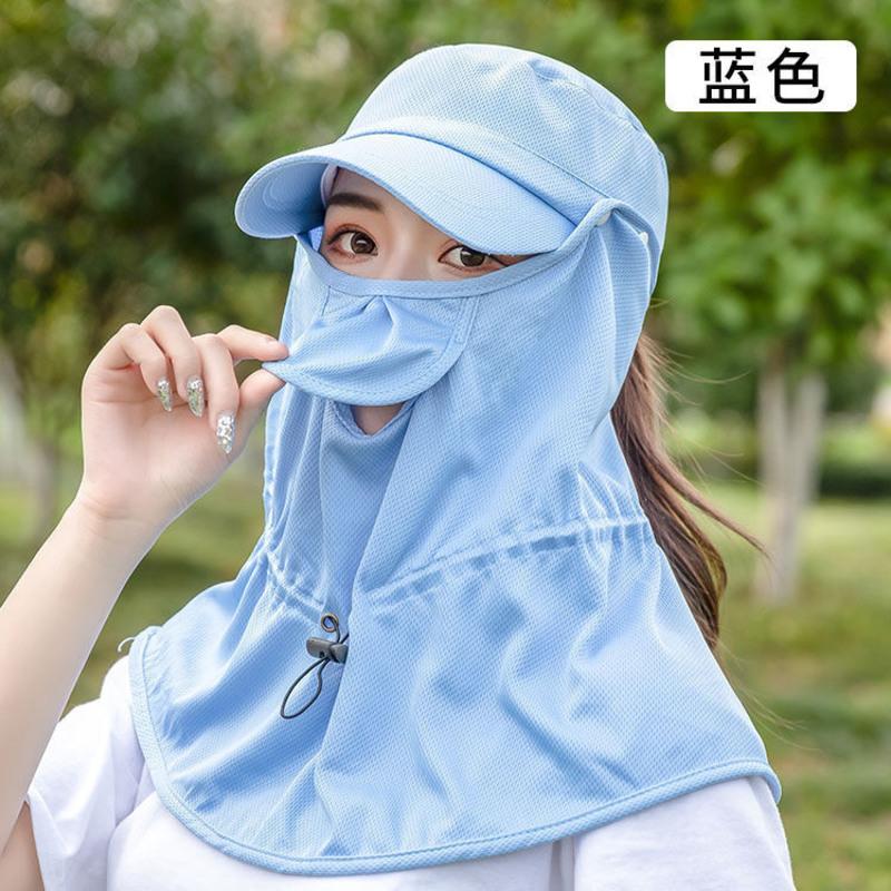 浪莎包头防晒帽女夏遮脸护颈防紫外线太阳帽出游骑行大沿遮阳帽男 全包裹遮阳帽-蓝色