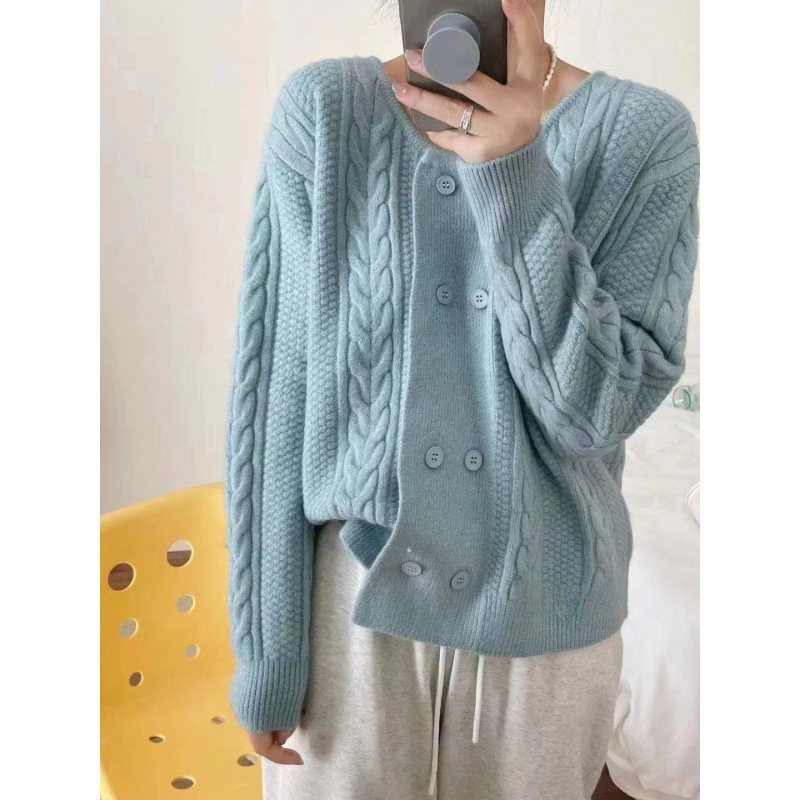 秋冬麻花开衫毛衣外套女2023新款圆领宽松女士双排扣针织衫上衣