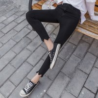 牛仔裤女春夏季2018新款韩版显瘦灰黑色高腰九分裤毛边小脚铅笔裤