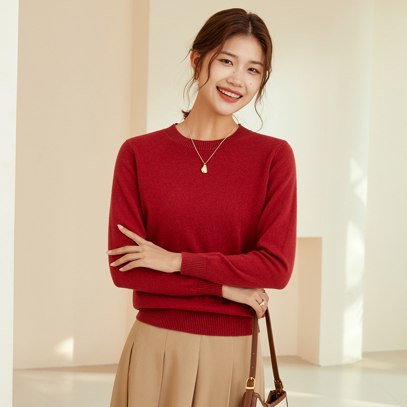 恒源祥春秋圆领羊毛衫女2024新款基础打底毛衣纯色时尚套头针织衫