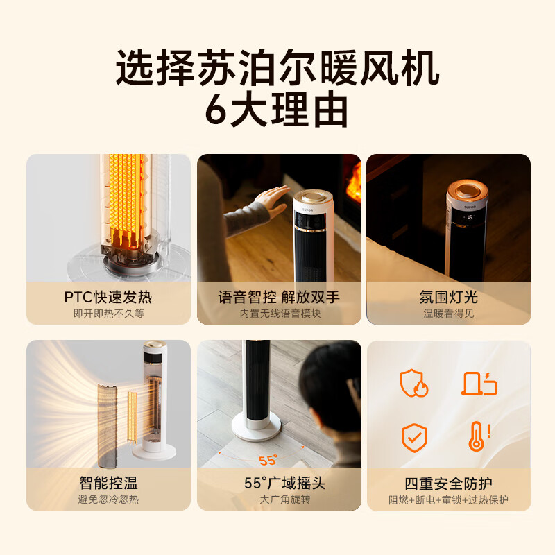 苏泊尔(SUPOR)取暖器暖风机电暖气家用电暖风暖炉热风机小型电暖风 [遥控款]ESHW-PC203B-20/米色高清大图