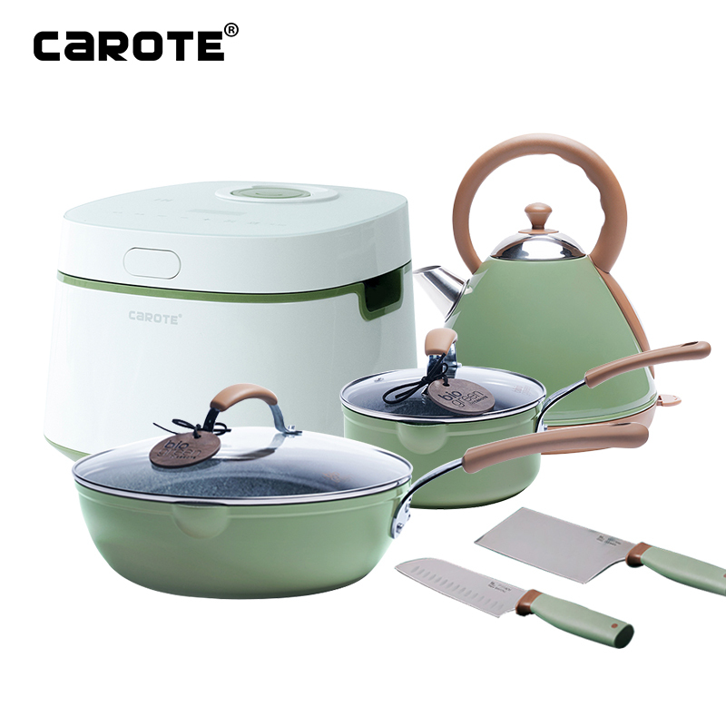 卡罗特(Carote)麦饭石锅具套装电饭煲煎炒锅奶锅电水壶刀具时尚锅具套组