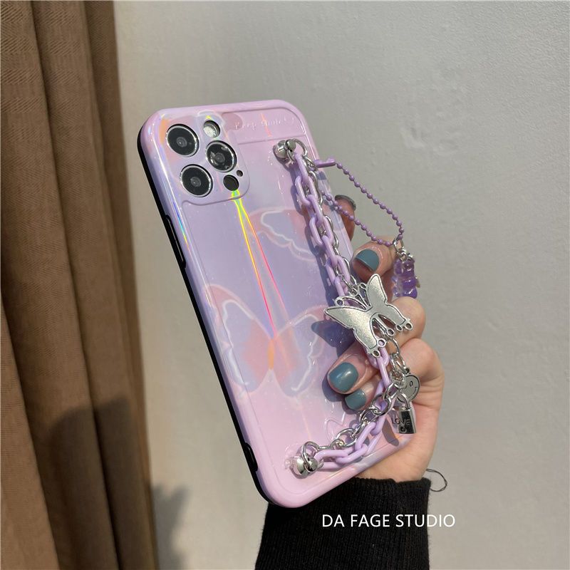 镭射蝴蝶苹果12手机壳iPhone11promax软壳x/xr手链xsmax女7plus/8 紫镭射蝴蝶+手链 [苹果1
