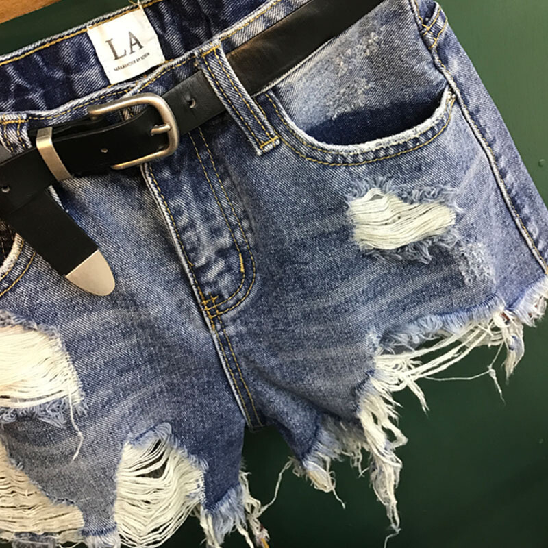 夏季新品韩版高腰毛边破洞牛仔裤女短裤学生百搭宽松阔腿热裤蓝色