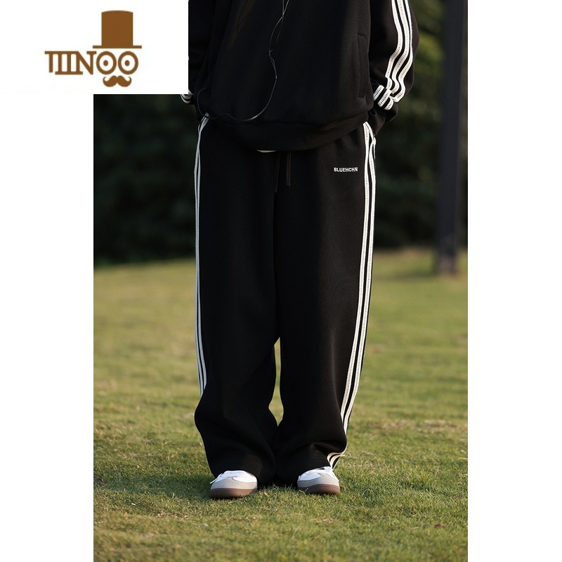 YANXU直筒运动裤男女宽松夏季百搭日系条纹卫裤复古潮牌三条杠休闲长裤高清大图