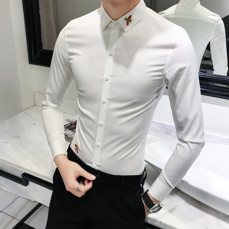 刺绣花小蜜蜂春夏新款时尚个性韩版修身衬衣青年型师百搭衬衫男