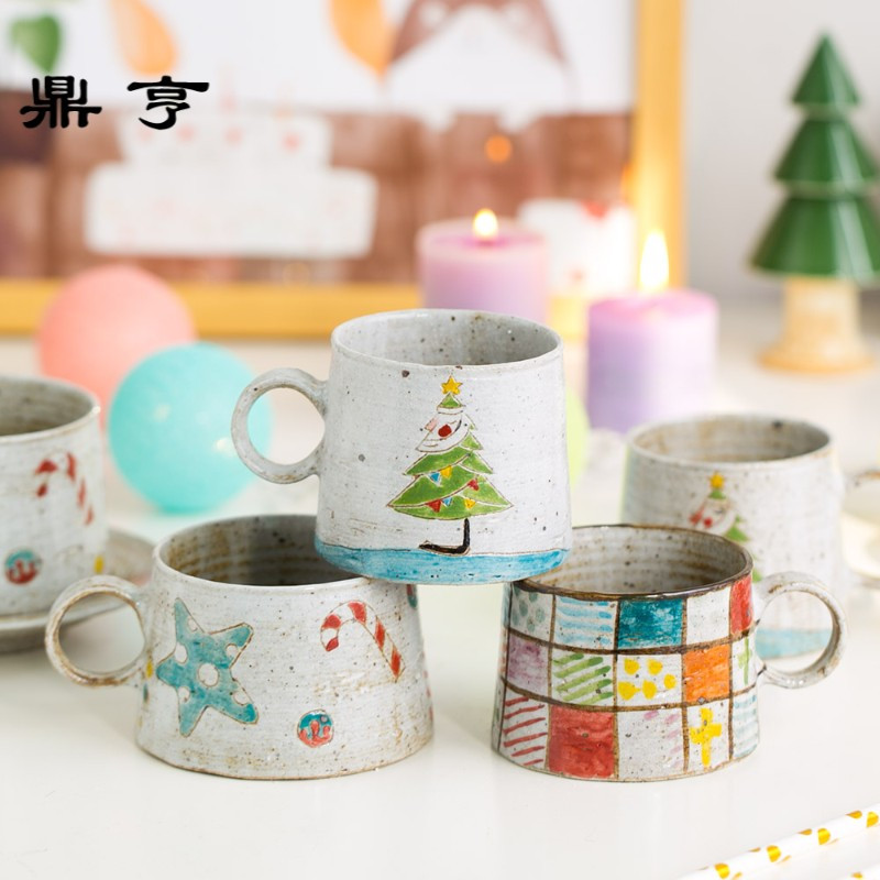 鼎亨|原创设计质朴手工陶瓷咖啡杯带碟圣诞水杯马克杯