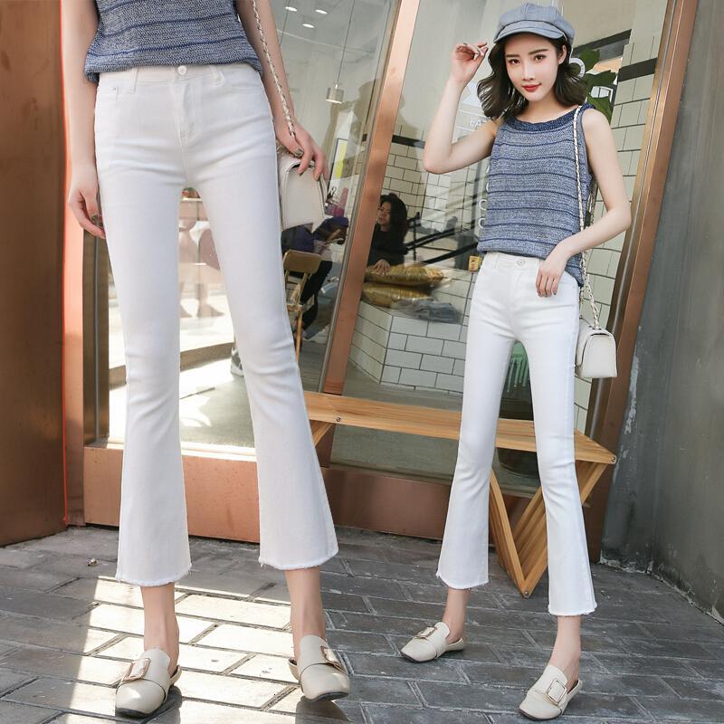 牛仔裤女2018夏季韩版高腰毛边微喇叭裤新款弹力显瘦九分裤子
