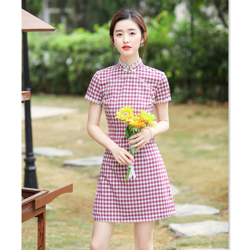 棉格子小清新短款a版旗袍裙春新款时尚改良年轻少女日常旗袍视频