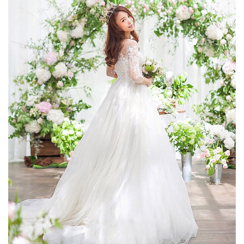婚纱礼服2018拖尾一字肩长袖新款韩版新娘结婚蕾丝显瘦齐地春秋季白色齐地款