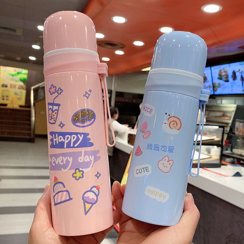 保温杯女便携简约清新森系学生可爱少女杯子带盖儿童创意个性水杯 粉色背包兔子--350ml