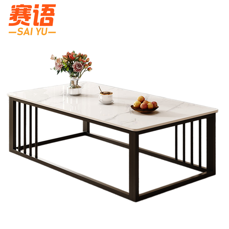 赛语岩板茶几 长方形茶几1.3m+黑架 岩板
