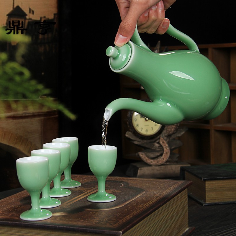 鼎亨仿古陶瓷青瓷白酒酒具套装小酒杯高脚杯酒壶圆盘分酒器酒盅礼