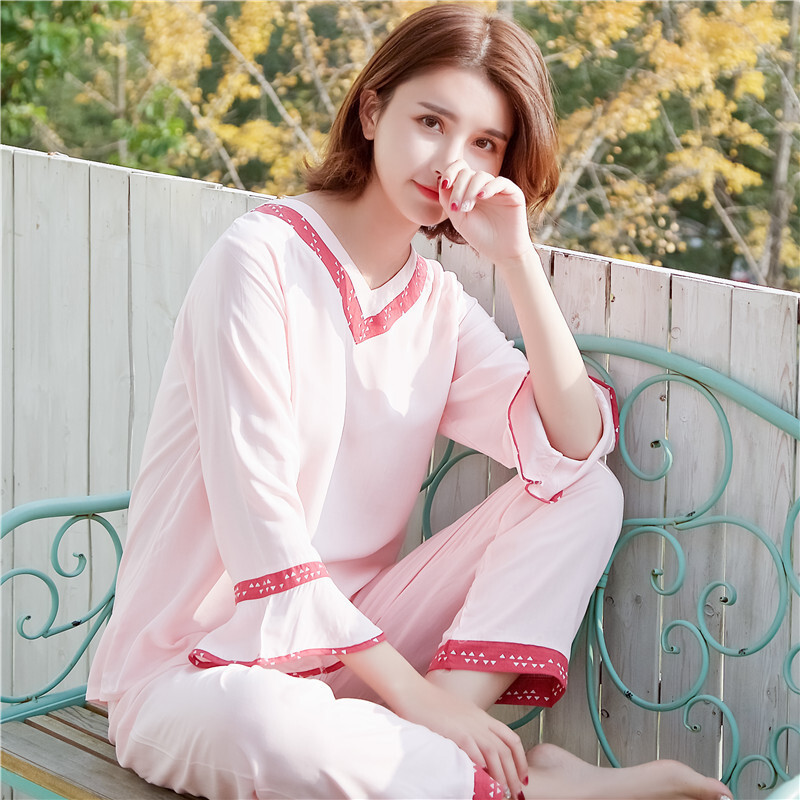 波迷娜(BOMINA)女式睡衣套装春夏款2021睡衣儿童夏季新款人棉长袖套装V领薄款棉绸两套睡衣服