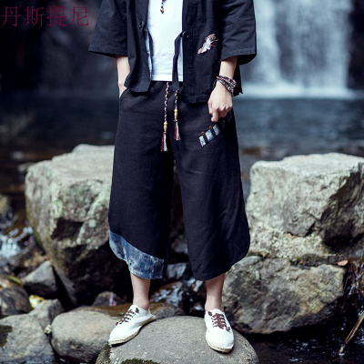 中国风春秋男士亚麻七分休闲裤青少年阔腿裤尼泊尔灯笼大码九分裤