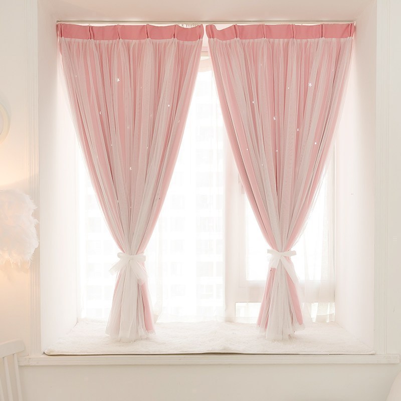 美帮汇自粘窗帘布安装成品卧室遮阳光飘窗魔术贴出租房 粉色丽莎星星（送轨道） 平铺宽2.0x高2.7一片