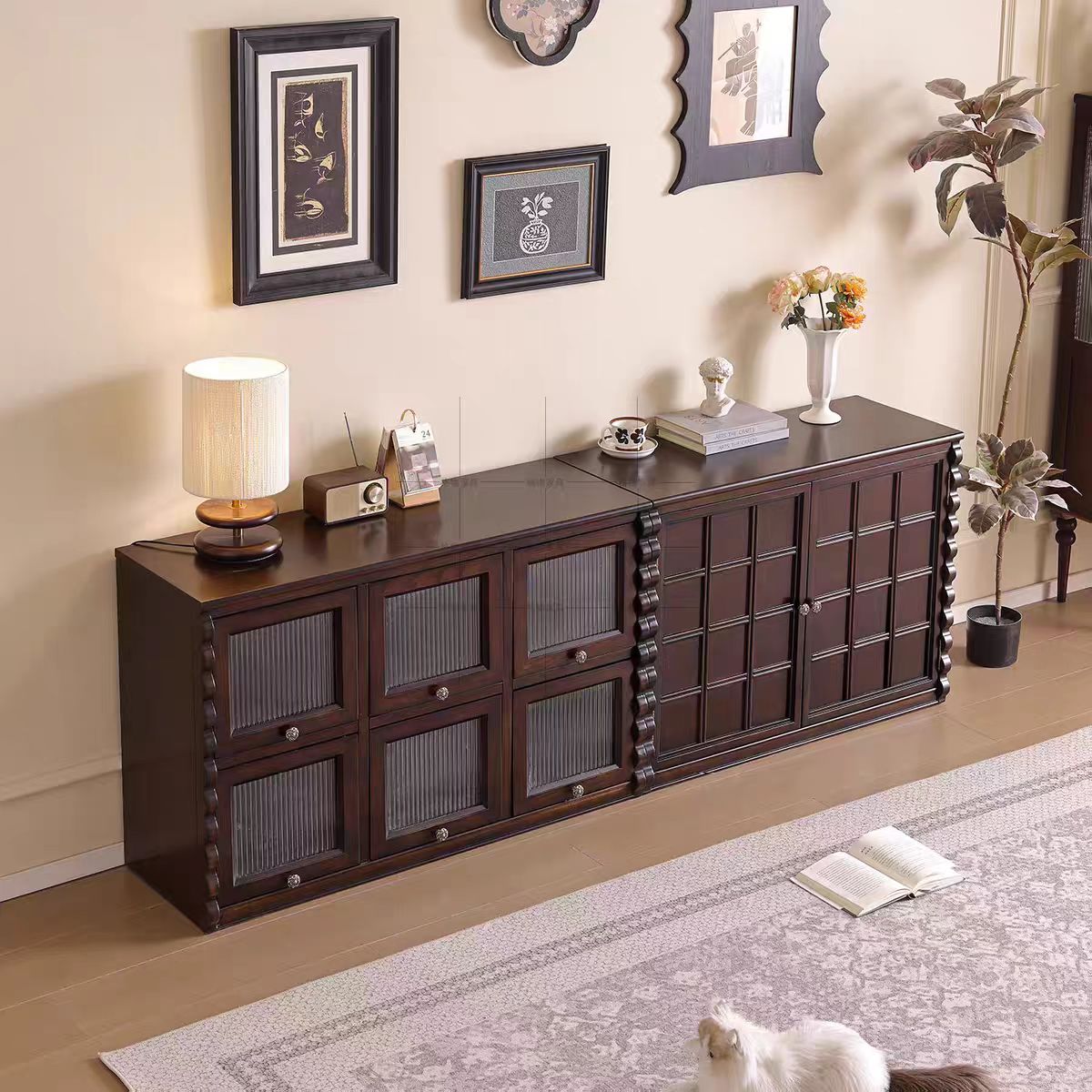 全实木组合电视高柜法式中古风模块玄关展示柜客厅斗柜美式落地柜高清大图