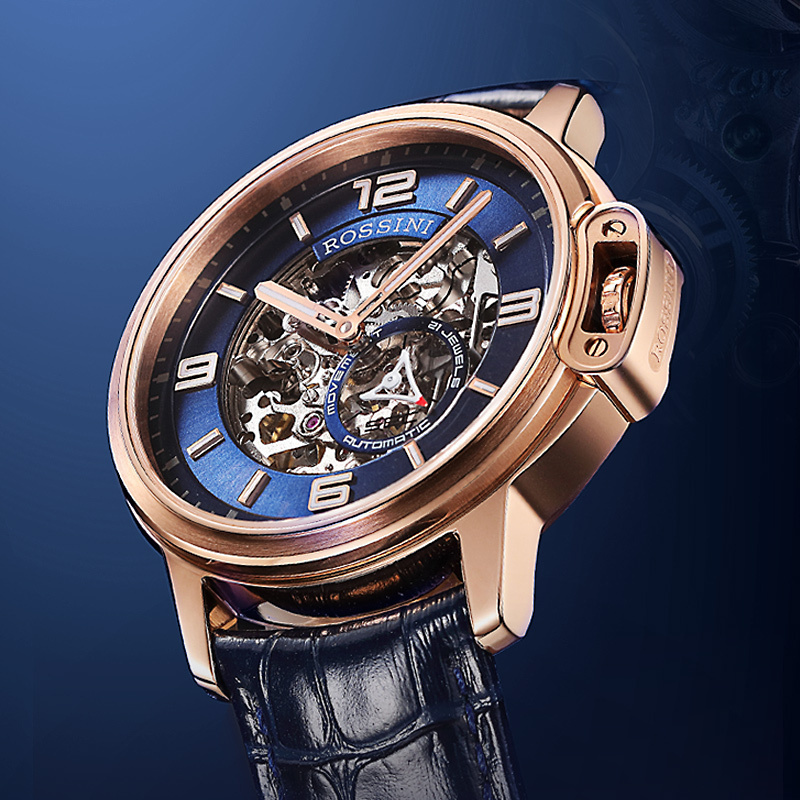 罗西尼rossini手表男士机械腕表时尚防水皮带手表镂空自动机械表男