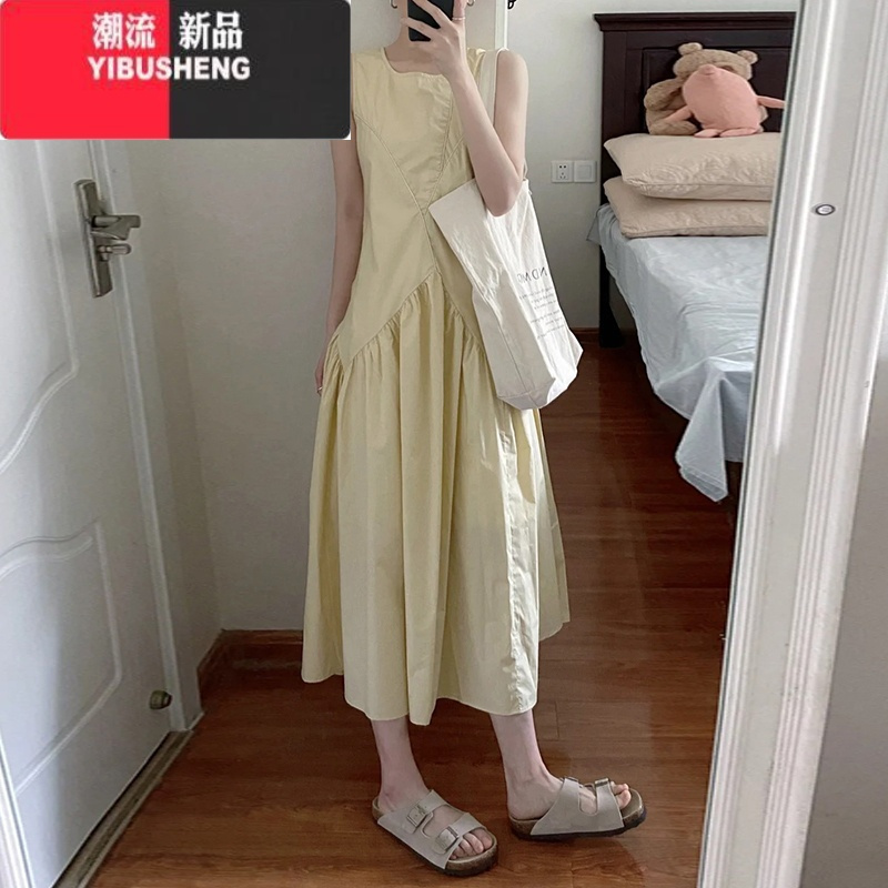 YIBUSHENG小个子法式黄色无袖连衣裙子女装2024新款季气质高级感背心长裙