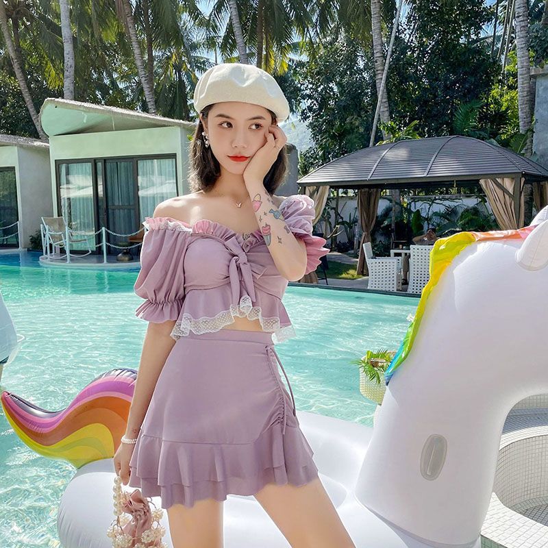 学生泳衣女两件套保守分体式遮肚显瘦高腰比基尼游泳衣带胸垫裙式粉色