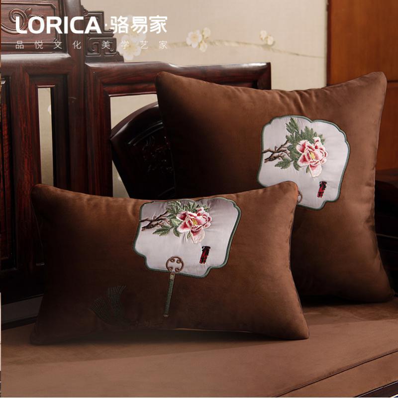 家柏饰(CORATED)现代新中式抱枕沙发刺绣靠背含芯腰枕床头靠垫定制 牡丹赋 牡丹赋-古木棕 50cm*50cm（枕套）