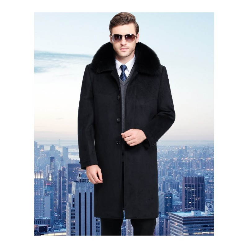 羊毛呢大衣男中长款中老年冬季爸爸领导风呢子男士外套加厚冬季男装中老年羊绒大衣男中长款羊毛呢子加厚爸爸装外套 1219黑色加绒送毛领 L/175