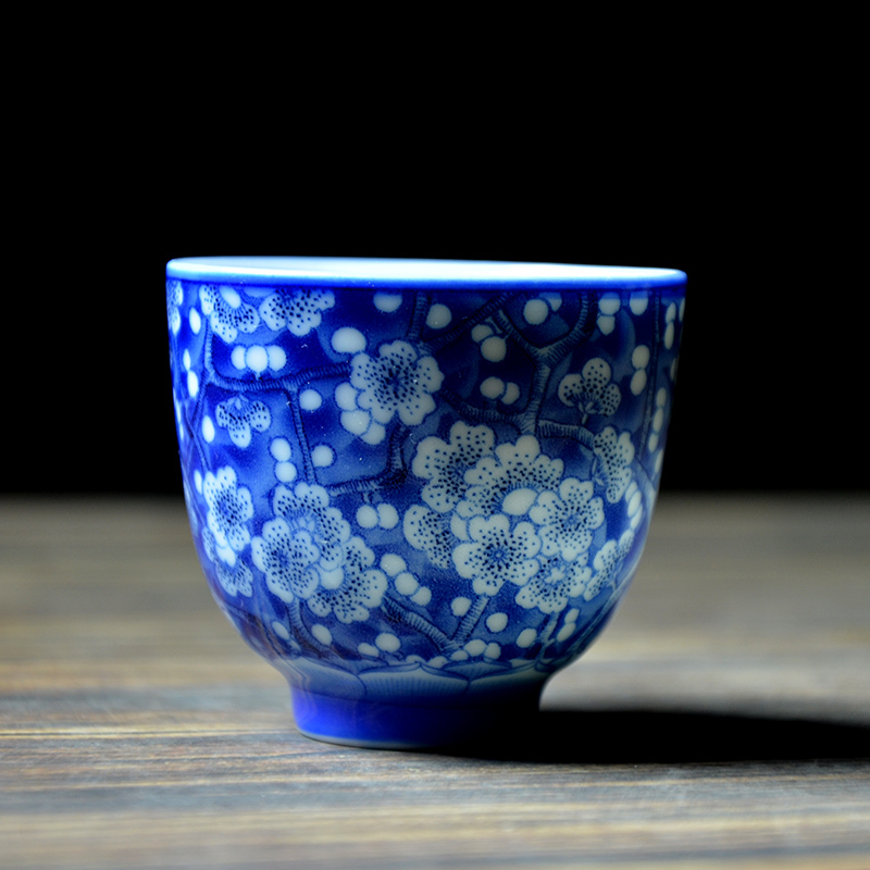 万梅冰青反口杯景德镇陶瓷茶杯青花霁蓝品茗杯功夫茶杯茶具主人杯普洱