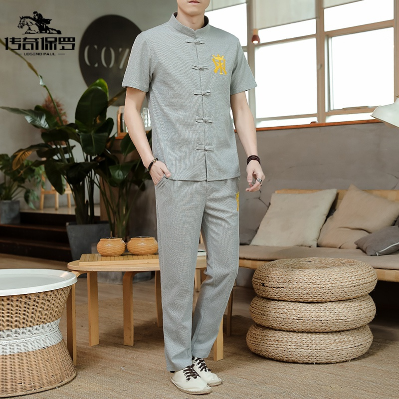 传奇保罗(CHUANQIBAOLUO)中国风男士套装衣服短袖唐装汉服夏季休闲刺绣两件套T恤-