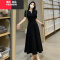 YIBUSHENG大码胖mm法式正肩小V领黑色短袖连衣裙季高级感收腰显瘦长裙子